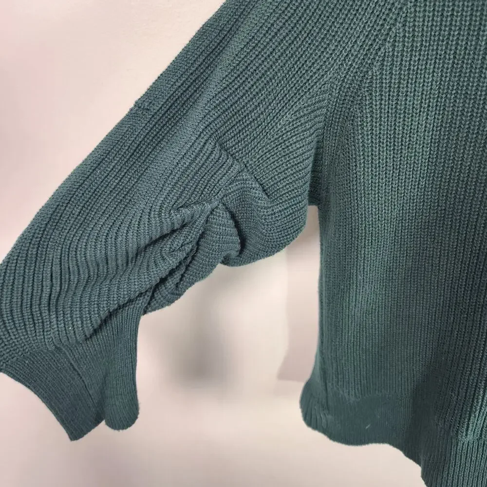 Cabi Women Pullover Sweater Small Green Knit Ruched Sleeve Cowl Neck Cotton 3532